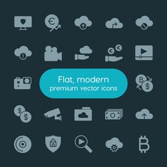 Poster - Modern Simple Set of money, cloud and networking, security, video Vector fill Icons. ..Contains such Icons as  house,  money,  profit,  disk and more on dark background. Fully Editable. Pixel Perfect.