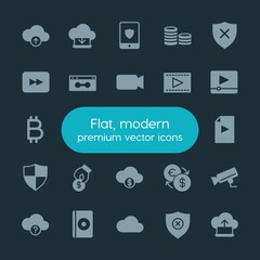 Poster - Modern Simple Set of money, cloud and networking, security, video Vector fill Icons. ..Contains such Icons as dvd,  white,  cd,  symbol and more on dark background. Fully Editable. Pixel Perfect.