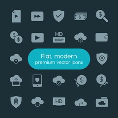 Poster - Modern Simple Set of money, cloud and networking, security, video Vector fill Icons. ..Contains such Icons as  symbol,  investment, increase and more on dark background. Fully Editable. Pixel Perfect.