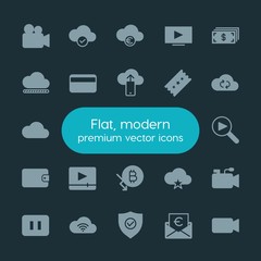 Poster - Modern Simple Set of money, cloud and networking, security, video Vector fill Icons. ..Contains such Icons as  media,  plastic,  money, stop and more on dark background. Fully Editable. Pixel Perfect.