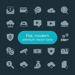 Poster - Modern Simple Set of money, cloud and networking, security, video Vector fill Icons. ..Contains such Icons as  finance,  data,  technology and more on dark background. Fully Editable. Pixel Perfect.