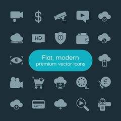 Poster - Modern Simple Set of money, cloud and networking, security, video Vector fill Icons. ..Contains such Icons as  dollar,  chart, download and more on dark background. Fully Editable. Pixel Perfect.