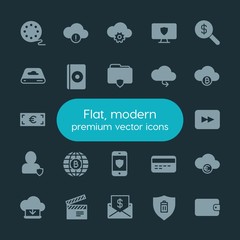 Poster - Modern Simple Set of money, cloud and networking, security, video Vector fill Icons. ..Contains such Icons as  illustration,  connection and more on dark background. Fully Editable. Pixel Perfect.