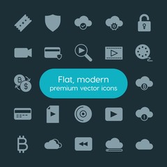 Poster - Modern Simple Set of money, cloud and networking, security, video Vector fill Icons. ..Contains such Icons as  business,  film,  white,  web and more on dark background. Fully Editable. Pixel Perfect.