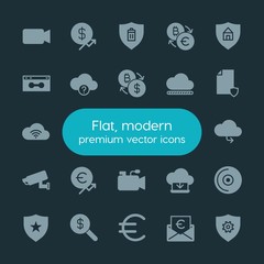 Poster - Modern Simple Set of money, cloud and networking, security, video Vector fill Icons. ..Contains such Icons as  investment,  music,  web,  cd and more on dark background. Fully Editable. Pixel Perfect.