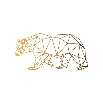 Geometric low-poly bear banner. Abstract outline polygonal animal. Isolated triangle bear on white background. Golden gradient