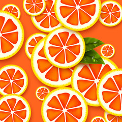 Wall Mural - Grapefruit background. Sliced grapefruits pieces with leaves and water drop. Vector illustration.