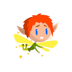 Sticker - Little winged elf boy with red hair, cute fairytale character vector Illustration on a white background