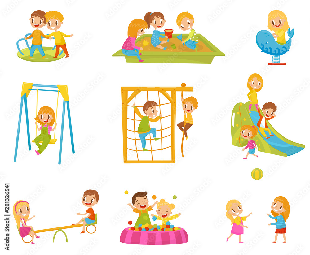 Happy kids playing outdoors set, children on a playground vector ...