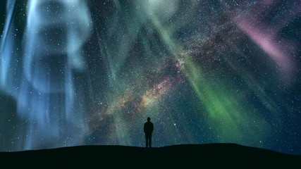 Wall Mural - The man standing against the starry sky with the northern light. time lapse