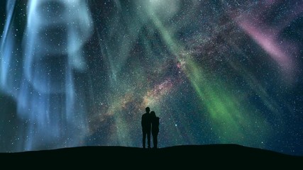 Wall Mural - The couple standing against the northern light with a northern light. time lapse