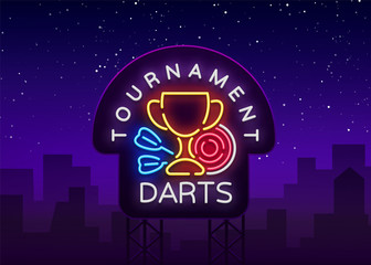 Darts Tournament neon sign. Vector illustration. Bright nightly Darts advertising, neon logo, symbol, lightweight banner, design template for your projects. Billboard