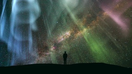 Wall Mural - The man standing against the star shower with a northern light. time lapse