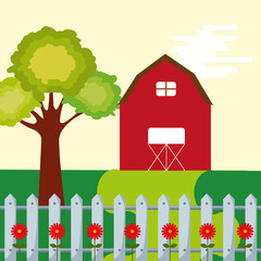 Wall Mural - farm barn leafy tree and fence flowers garden vector illustration