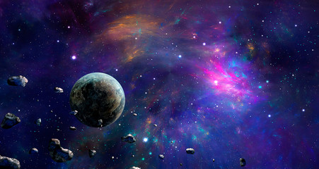 Wall Mural - Space scene. Colorful nebula with planet and asteroids. Elements furnished by NASA. 3D rendering