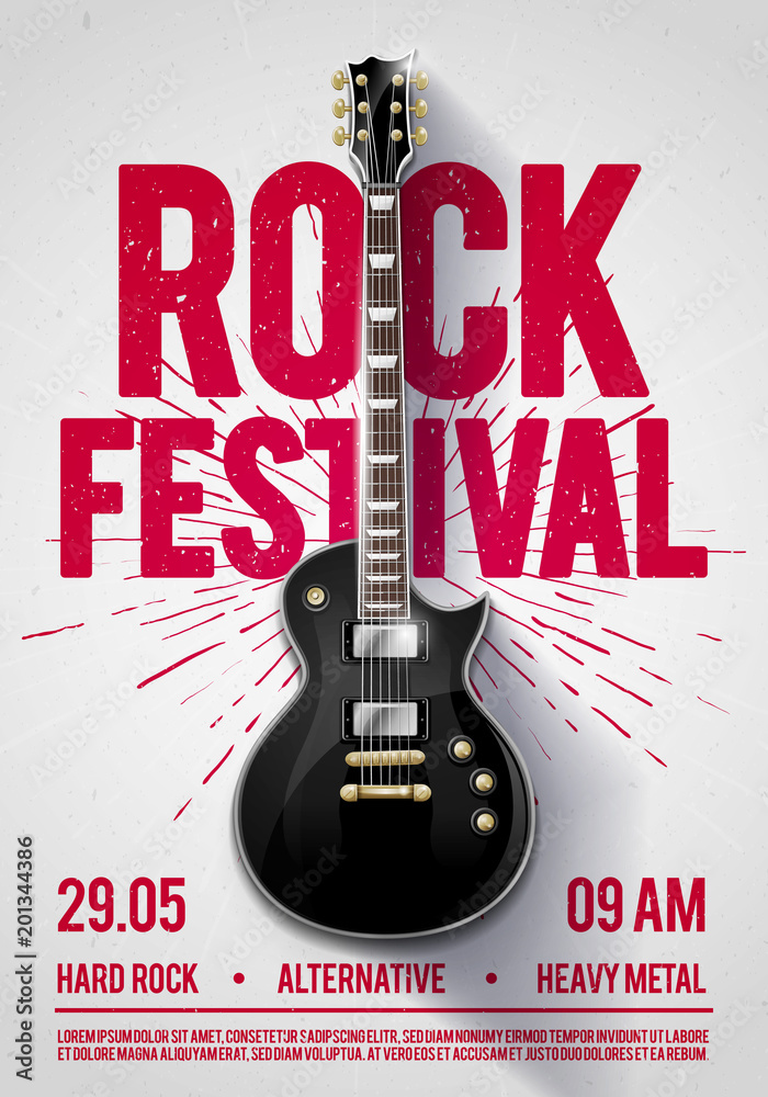 vector illustration rock festival concert party flyer or poster design template with guitar, place for text and cool effects in the background - obrazy, fototapety, plakaty 