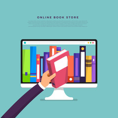 Poster - Flat design concept online books store. Hand pick book from internet device. Vector illustrate.