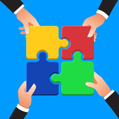 Canvas Print - Flat design concept hands teamwork building success business with jigsaw symbol. Vector illustrate.