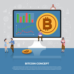 Sticker - Flat design concept bitcoin cryptocurrency.  Group people development icon bitcoin and graph chart. Vector illustrate.