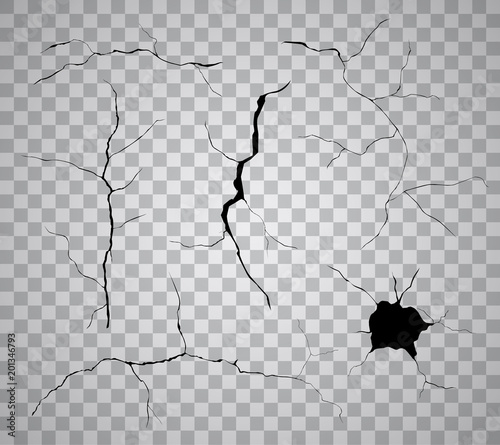 Fotomural Vector set of black cracks and holes isolated on transparent background