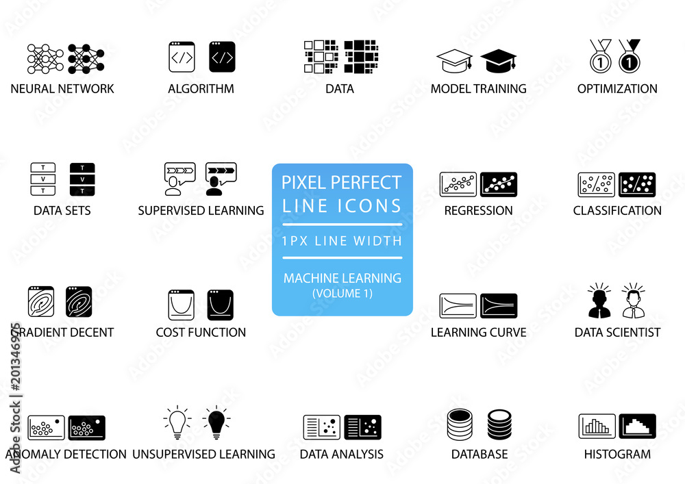 Pixel perfect thin line icons and symbols for machine learning / deep ...