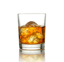 Glass Of Scotch Whiskey And Ice On A White Background.