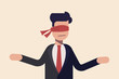 Covered eye. Blindfolded with red cloth. Concept indecisive businessman or manager standing blind before a choice.
