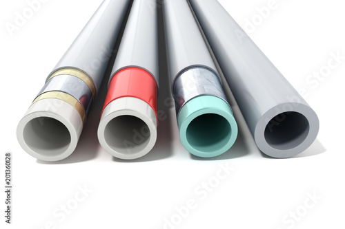 Fotografering different plastic water pipes in layers 3d render on white