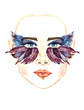 Face with blue fairy eyes with makeup, blue and dark purple wings of butterfly shape eyeshadows look like mask, small chubby lips, hand painted watercolor fashion illustration isolated on white