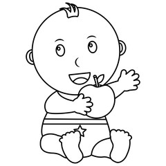 Sticker - cute little baby boy sitting with apple vector illustration outline