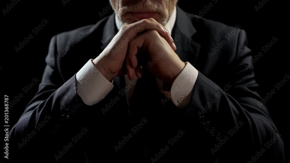 Businessman leaning on elbows, professional lawyer listening patiently to client - obrazy, fototapety, plakaty 