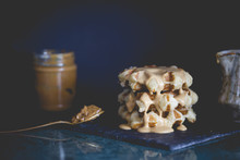 Close Up Of Waffle With Peanut Butter Sauce