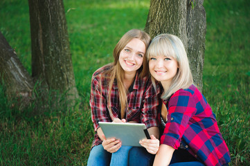 Two happy friends searching media content online in a laptop sitting on the grass in a park