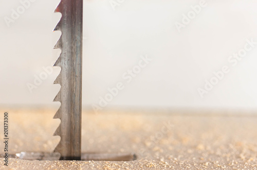 Fotomural Band saw blade close up macro shot, wood chip on the foreground.