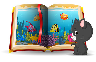 Sticker - ocean scene in the book and cat