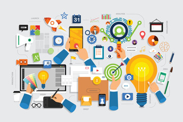 Flat design concept creative process start with brief, idea, brainstorm, launch and analysis. Vector illustrate.