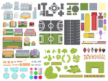 Landscape City Elements Set Isolated On White Background. City Top View With Buildings, Trees, Roads, Cars, People, Backyard Elements, Parking And Stadiums. Vector Landscape City View From Above.