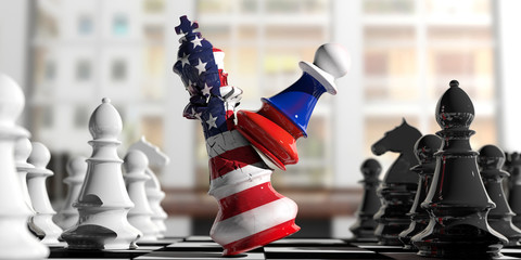 Sticker - USA and Russia relations. Russia chess pawn hits US America chess king. 3d illustration