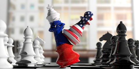 Wall Mural - USA and Russia fight. US America chess pawn hits Russia chess king. 3d illustration