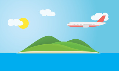 Sticker - Tropical island with green hills, in the sea under a blue sky with clouds, sun and flying plane