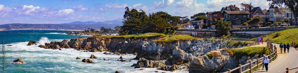 Pacific Grove, California - USA; February 20, 2018; Located between Monterey and Pebble Beach, visitors and residents to Pacific Grove enjoy  stunning sea views, Lover's Point Park, Otter's Cove, 500  - obrazy, fototapety, plakaty 