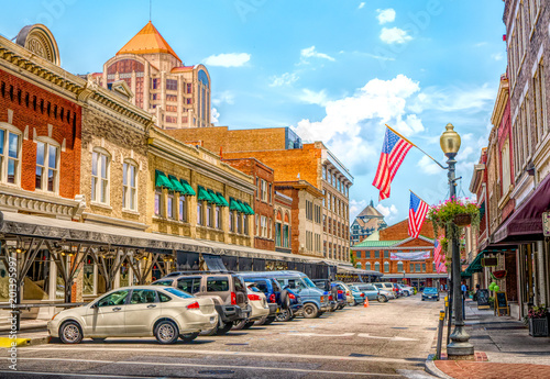 Fotografía Small town main street USA hometown vintage commercial downtown storefronts with