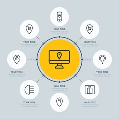 Poster - Circle network chart transports, hotel, location infographic template with 8 options for presentations, advertising, annual reports.
