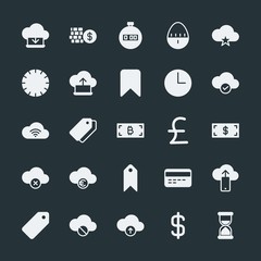 Poster - Modern Simple Set of money, cloud and networking, time, bookmarks Vector fill Icons. ..Contains such Icons as cash,  stopwatch,  timer,  tag and more on dark background. Fully Editable. Pixel Perfect.