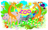 Fototapeta Dinusie - Poster for zoo. Illustration of two giraffes and other cheerful animals. Vector cartoon image.