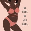 Beautiful silhouette of women in underwear. Plus size girl. Happy body positive concept. All bodies are good bodies. Vector illustration on beige background in pop art style.