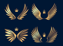 Set Of Four Pairs Of Gold Wings With Crowns. Vector Illustration.
