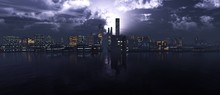 Night City, A Panorama Of A Modern Night City Above The Water Against A Background Of Thunderclouds And Sunset,
3D Rendering
