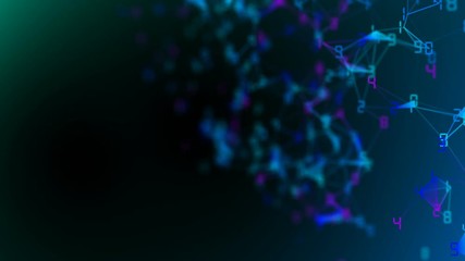 Poster - Movement of related particles. Work blockchain. Color numbers. Plexus business background. Multicolored background 2. Seamless loop.