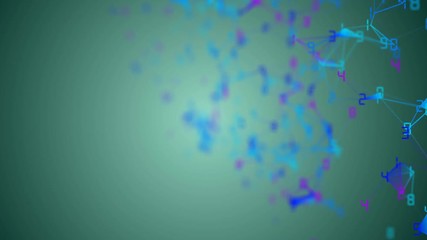 Poster - Movement of related particles. Work blockchain. Color numbers. Plexus business background. Green background. Seamless loop.